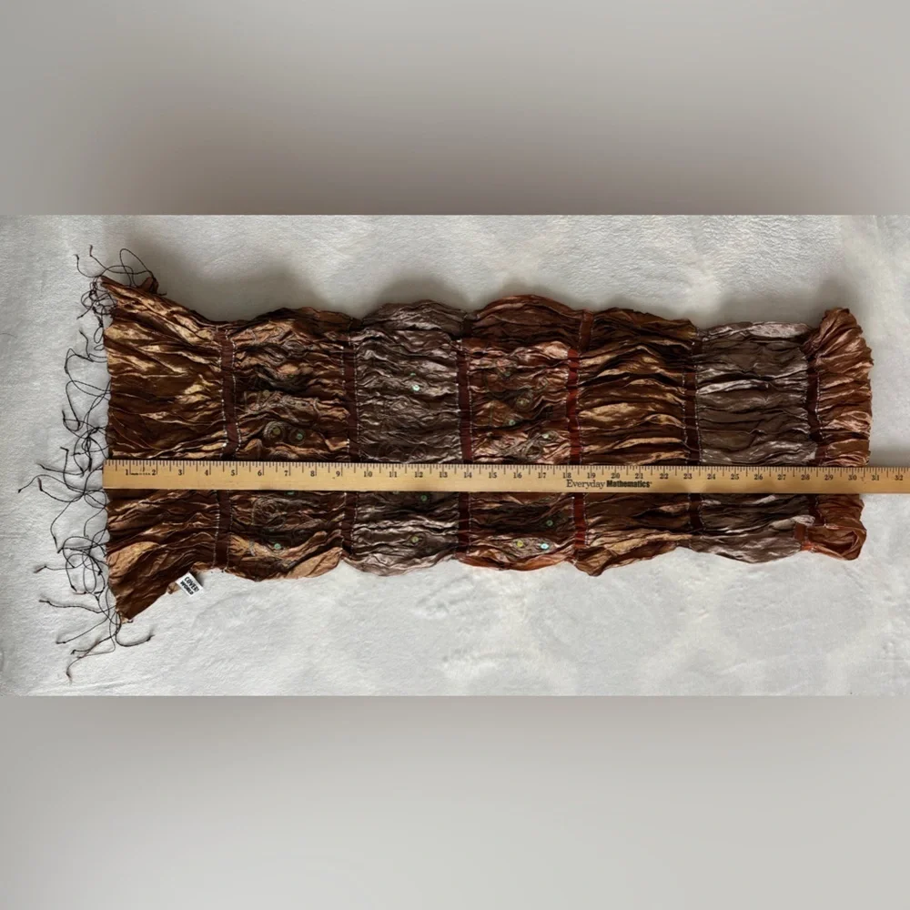 Elegant Crinkled Scarf  Brown and Tan Embroidered Silk OS